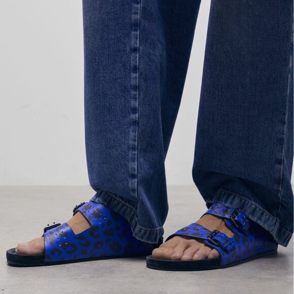 The Kooples Blue Leopard Leather Parisian Buckle Style Sandals Size 43 US Mens 9 - Picture 4 of 16
